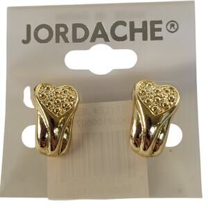 Jordache Gold Tone Heart Stud Earrings Pierced 0.71" Vintage Look, Free Gift Bag